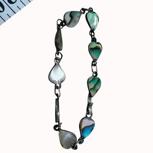 Vintage Abalone Shell Heart Link Bracelet 7.25" Handmade Silver
